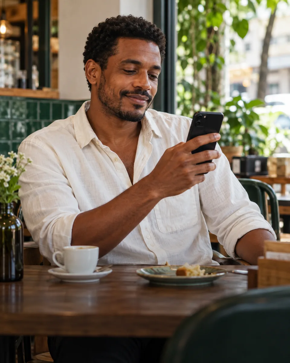Homem sentado em um café, consultando o celular depois da refeição.